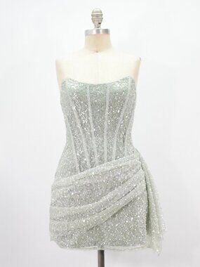 BLITHELA Pastel Green Sequin Mesh Mini Dress
